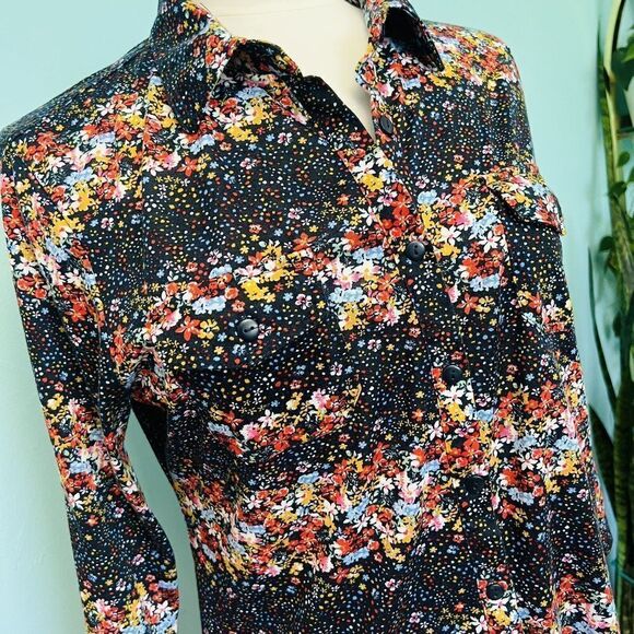 Eden & Olivia M Black Floral Flower Button Down Top Comfy Roll Up Sleeves 0767 - Picture 3 of 13